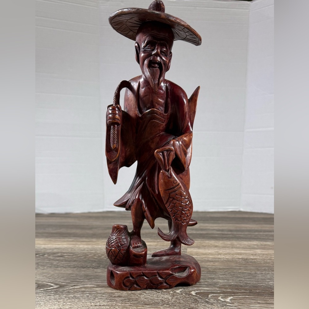 Asian‎ Art 12” Vintage Chinese Longan Wood Hand Carved Harvest Fishermen Statute